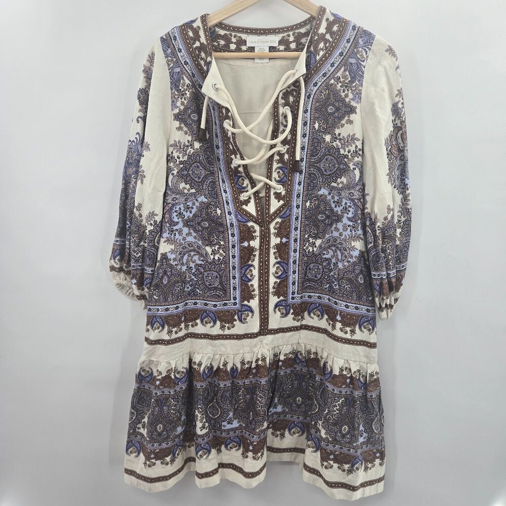 House of Harlow 1960 Boho Lace Up Front Linen Blend Mini Dress NWOT